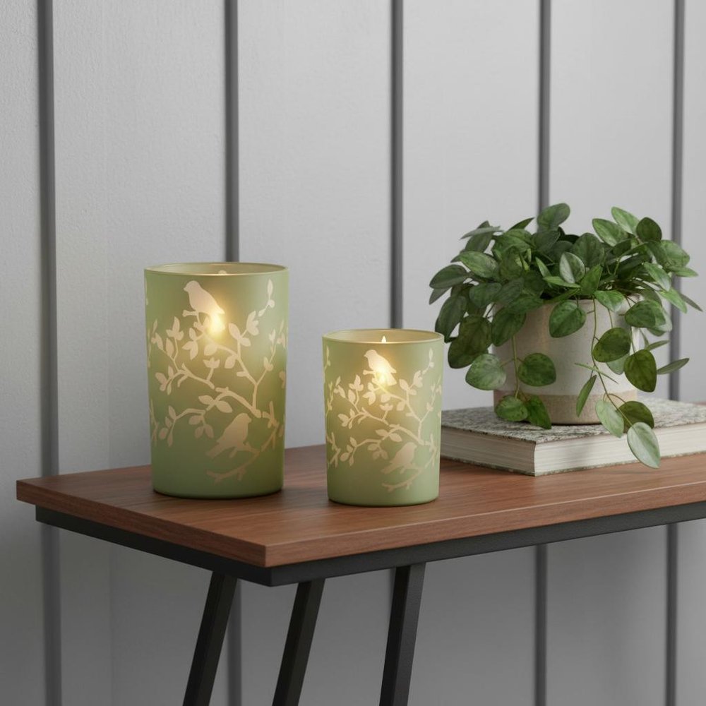 Set of Two Green Floral Glass Tabletop Pillar Candle Holders
