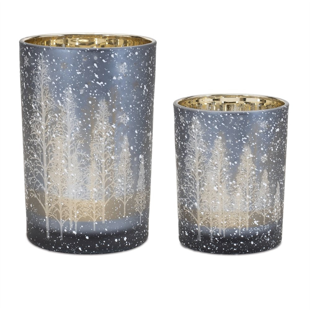 Set of Two Red Snowflake Glass Tabletop Votive Candle Holders
