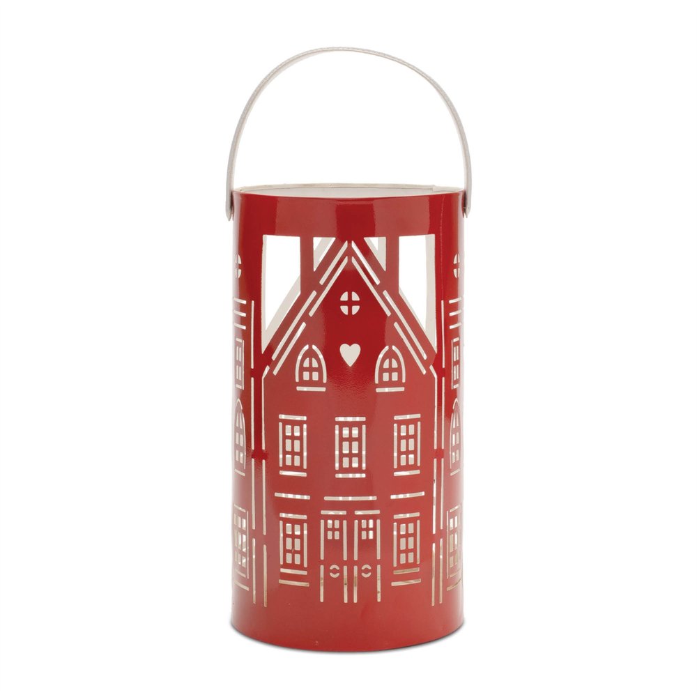 Set of Three Red And White Abstract Iron Tabletop Pillar Candle Holders