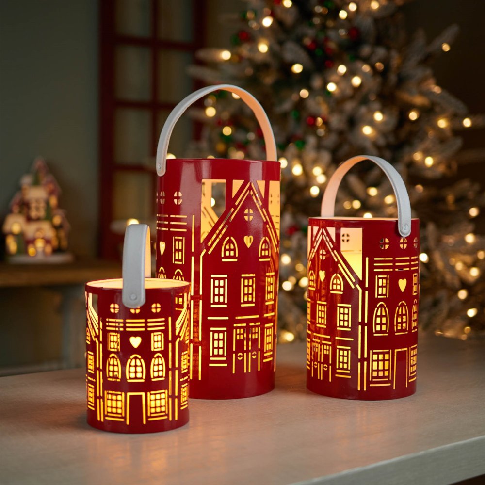 Set of Three Red And White Abstract Iron Tabletop Pillar Candle Holders