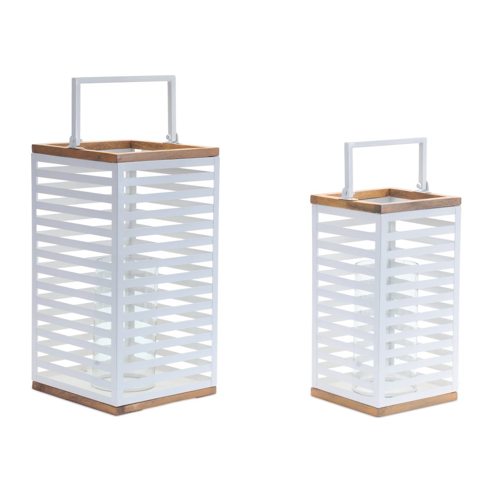 Set of Two White Abstract Metal Tabletop Pillar Candle Holders