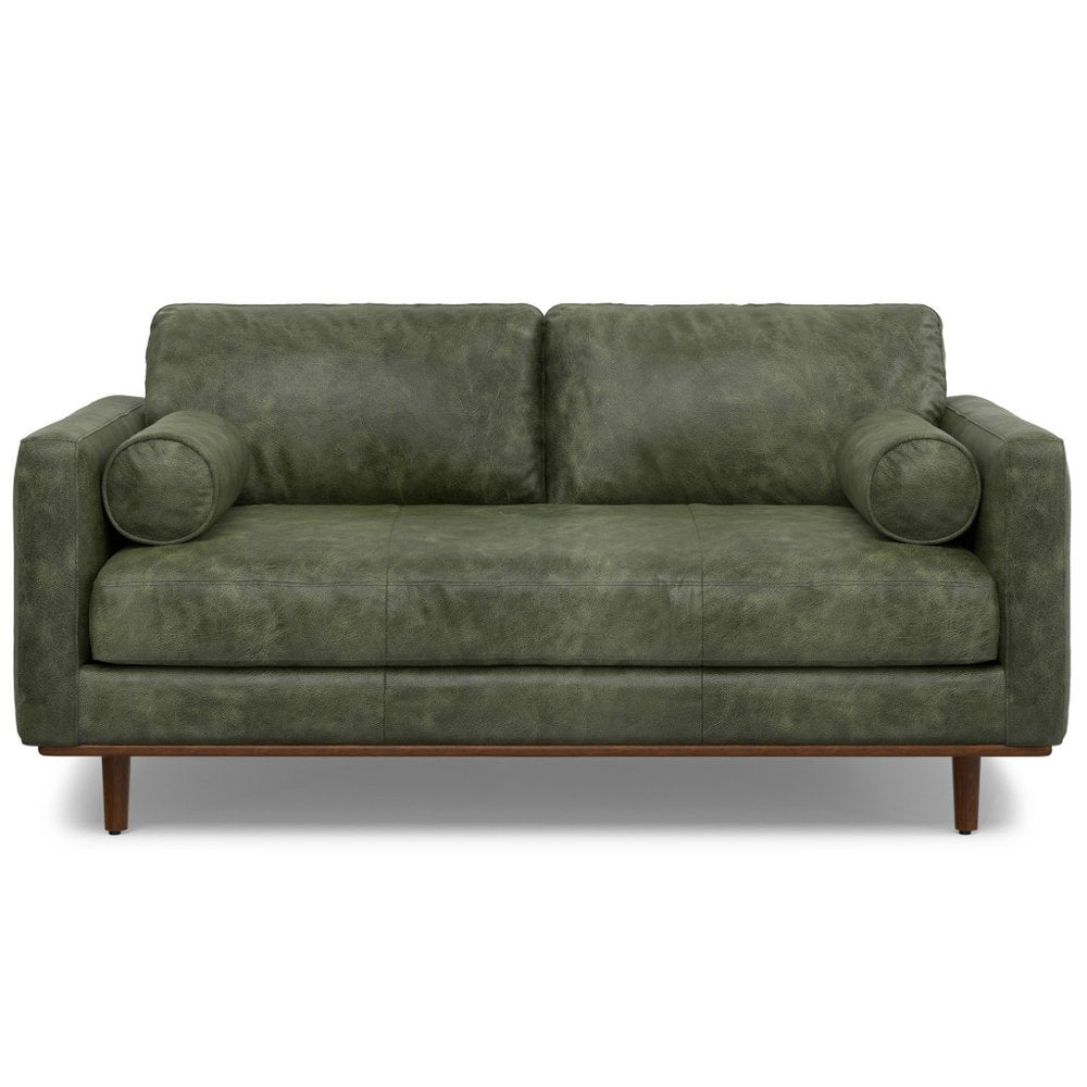 72" Moss Green Leather Sofa With Brown Legs