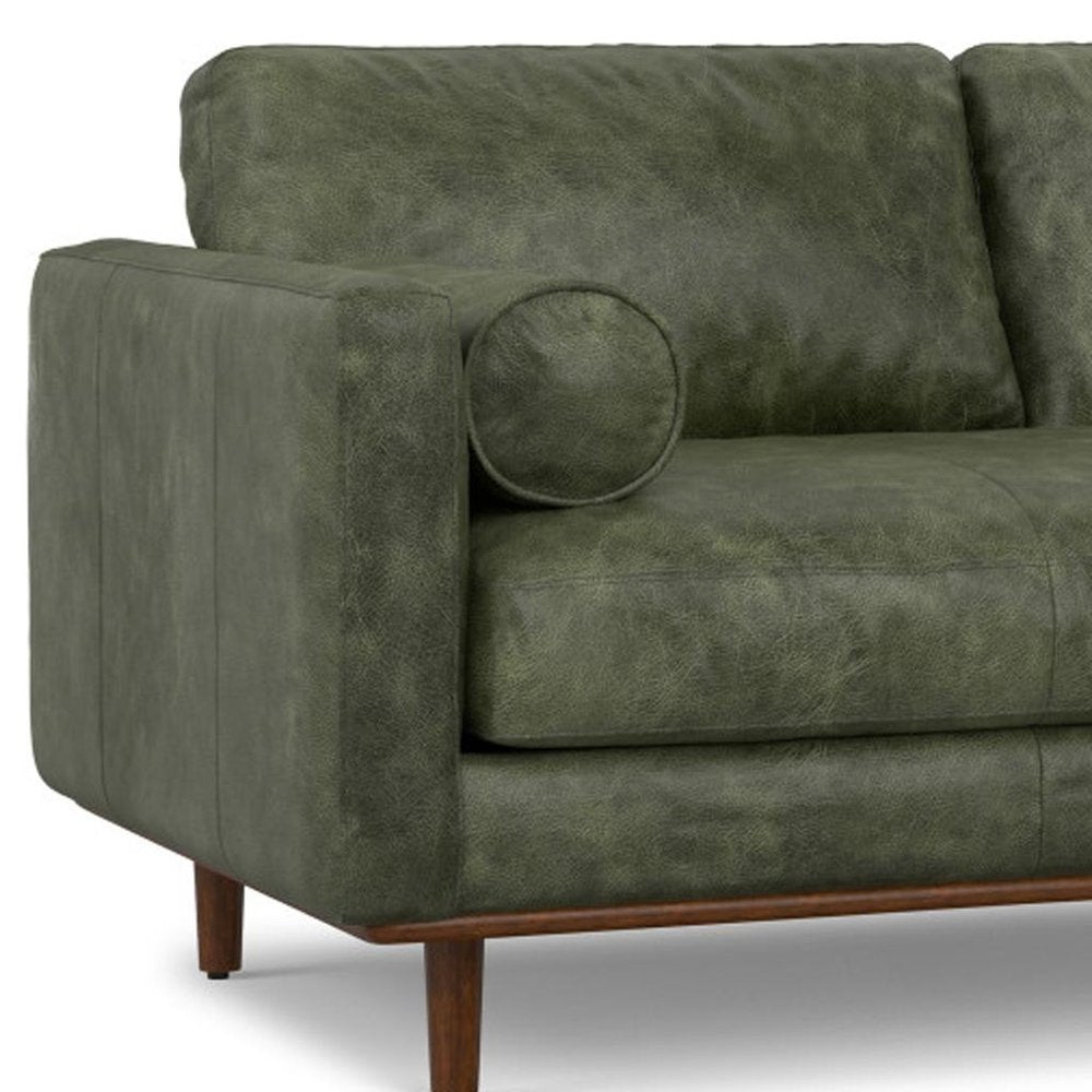 72" Moss Green Leather Sofa With Brown Legs