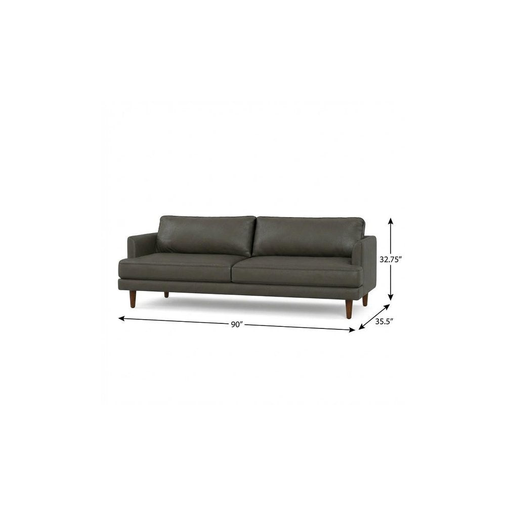 90" Black Leather Sofa With Brown Legs