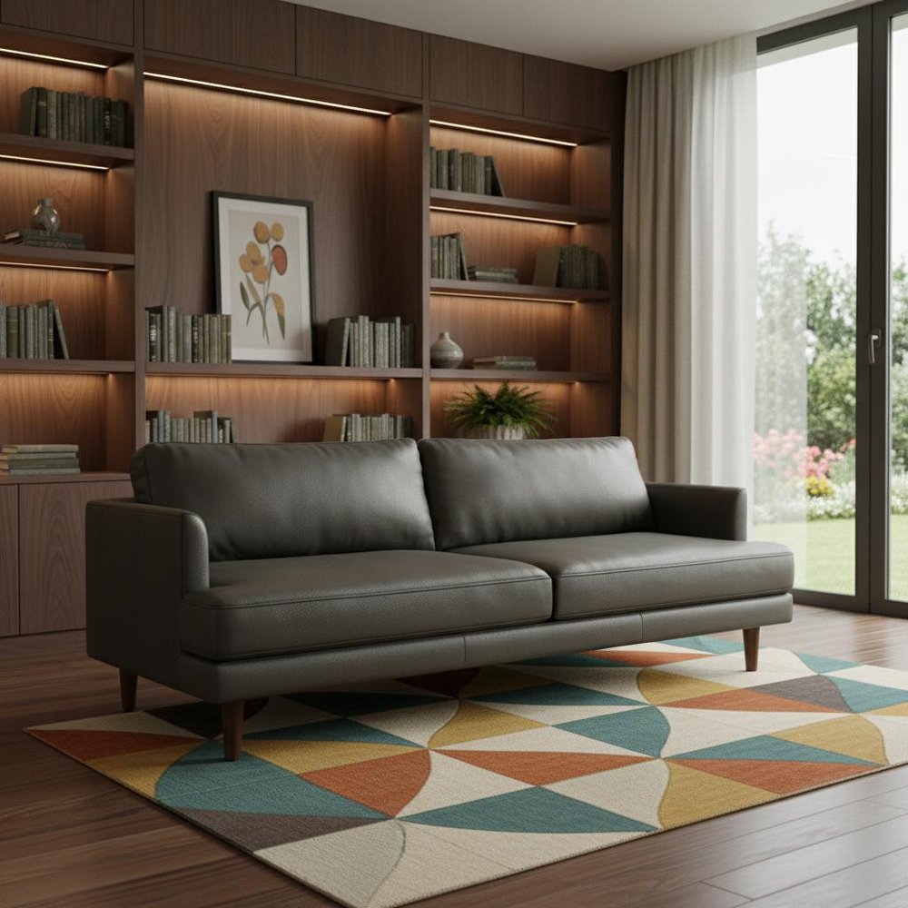 90" Black Leather Sofa With Brown Legs