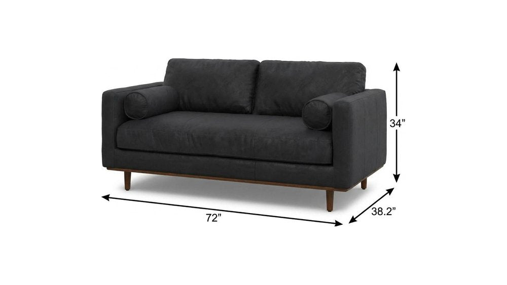 72" Black Leather Sofa With Brown Legs