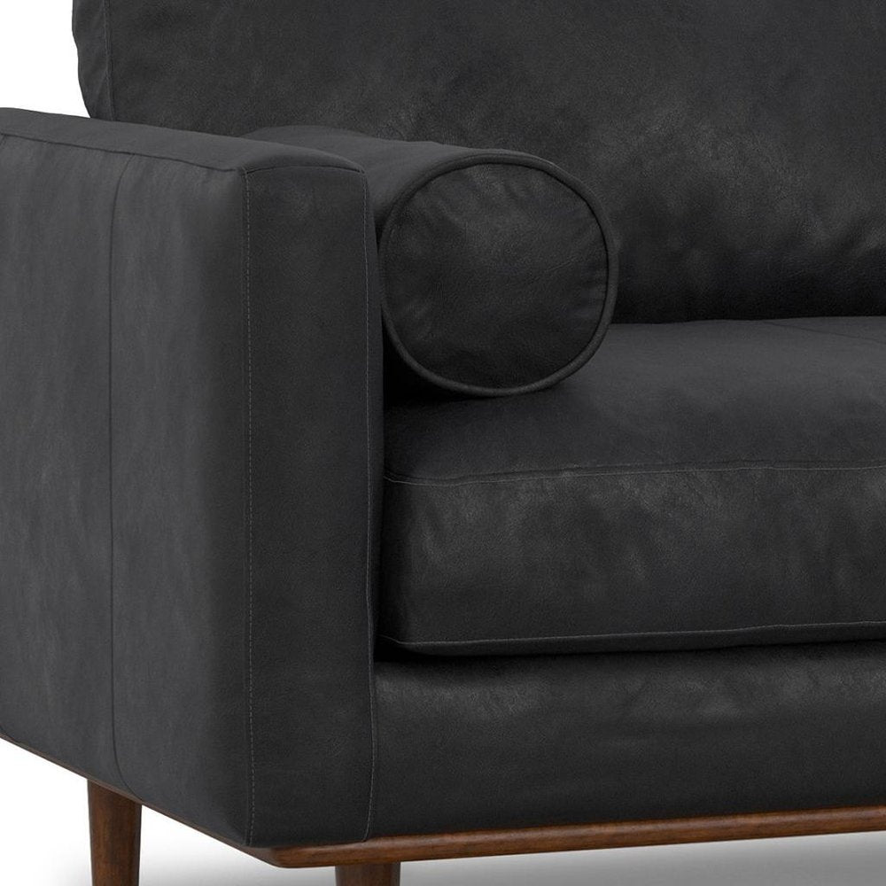 72" Black Leather Sofa With Brown Legs