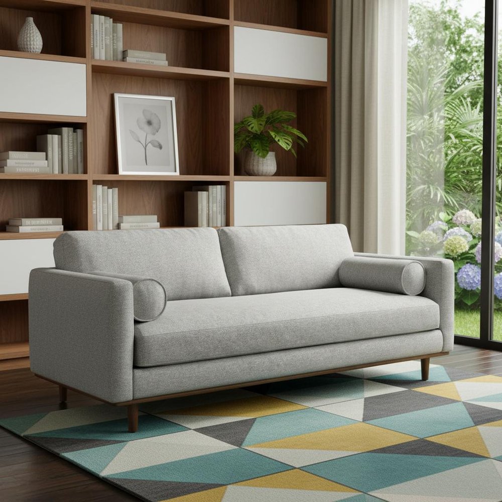 89" Gray Fabric Sofa With Brown Legs