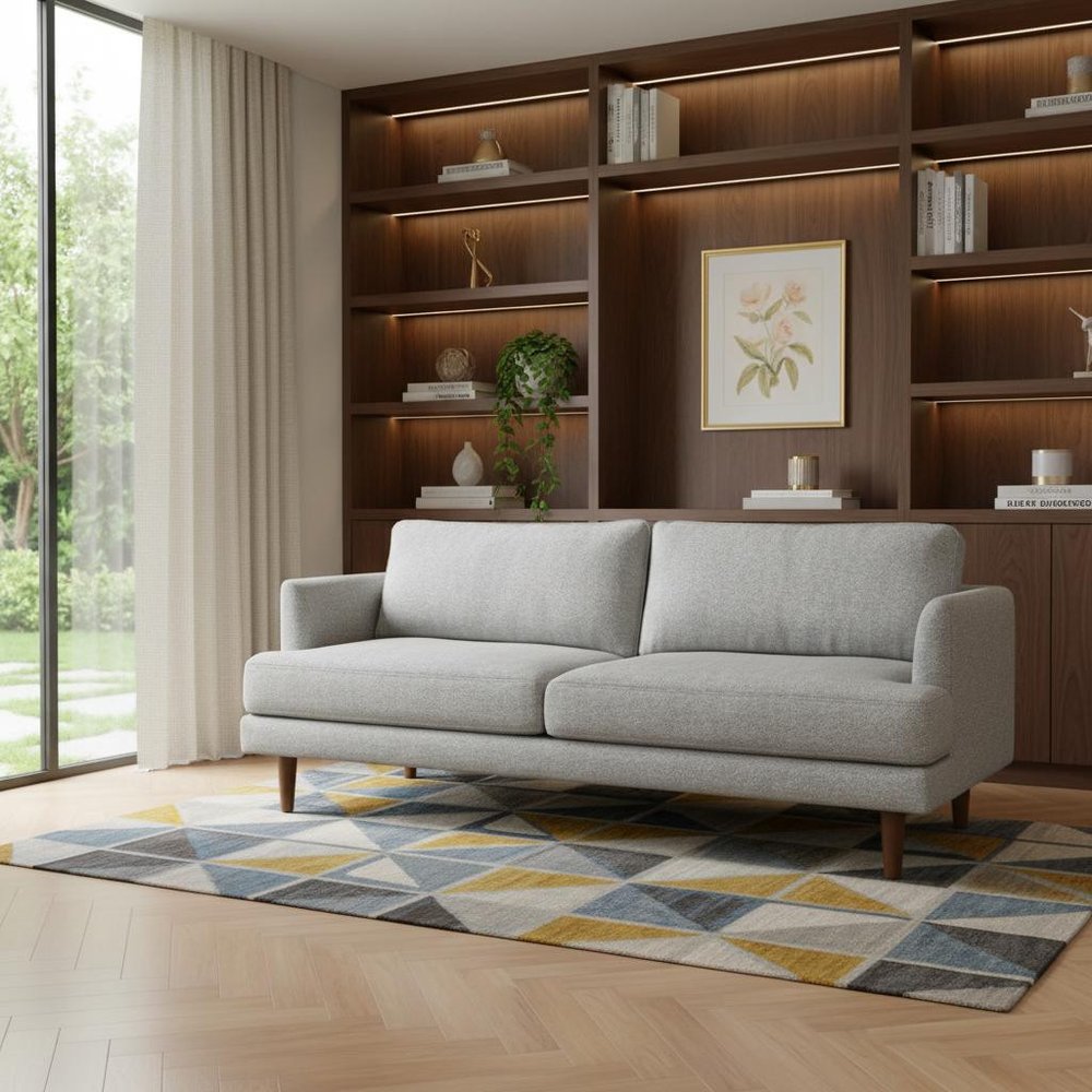 76" Gray Fabric Sofa With Brown Legs