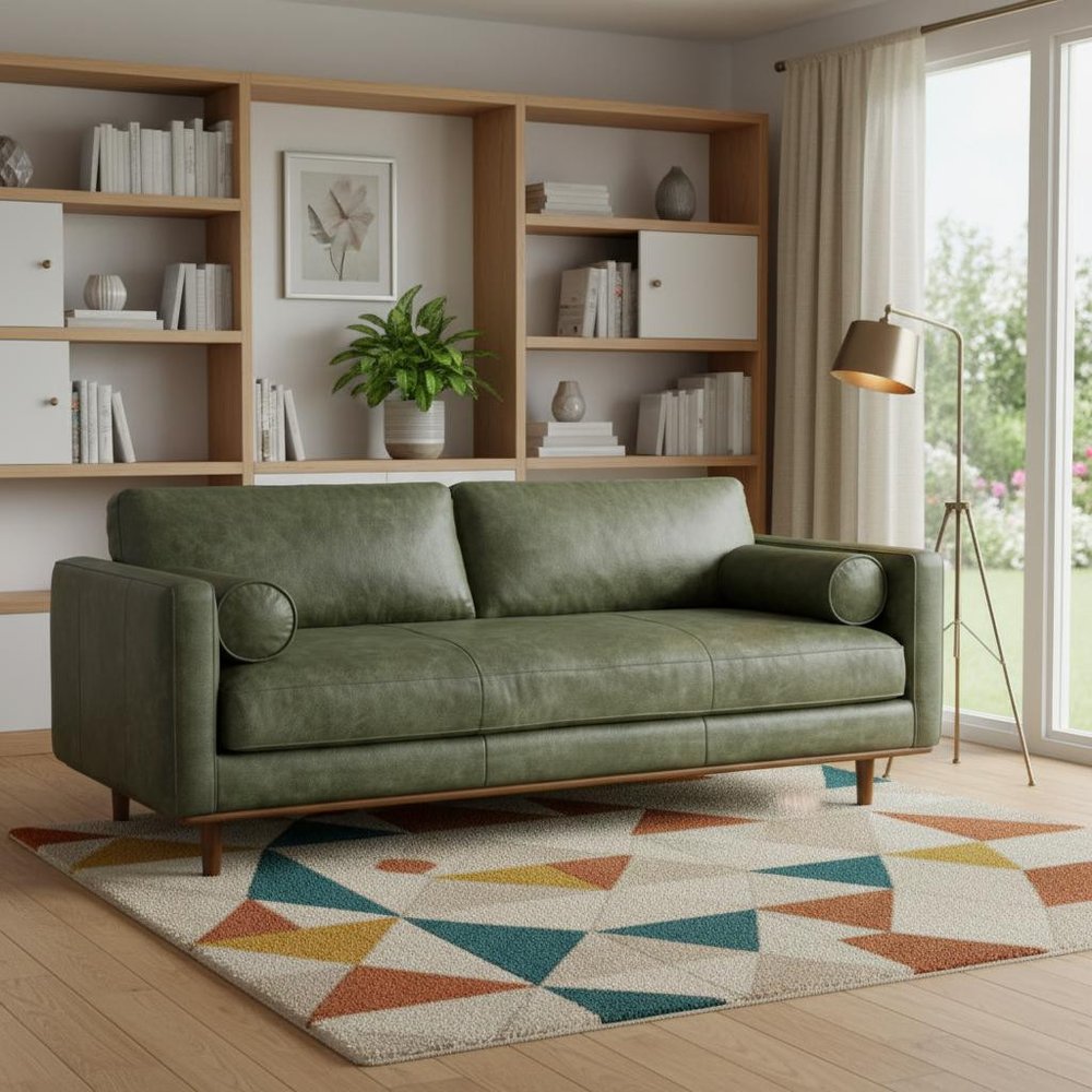 89" Moss Green Leather Sofa With Brown Legs