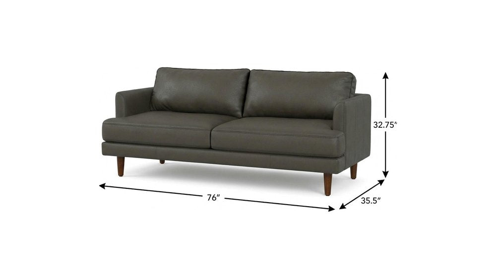 76" Black Leather Sofa With Brown Legs