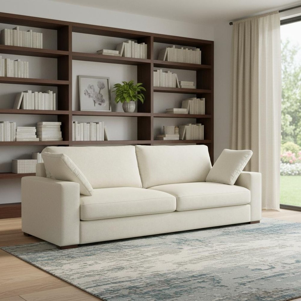 96" Cream Fabric Sofa With Brown Legs
