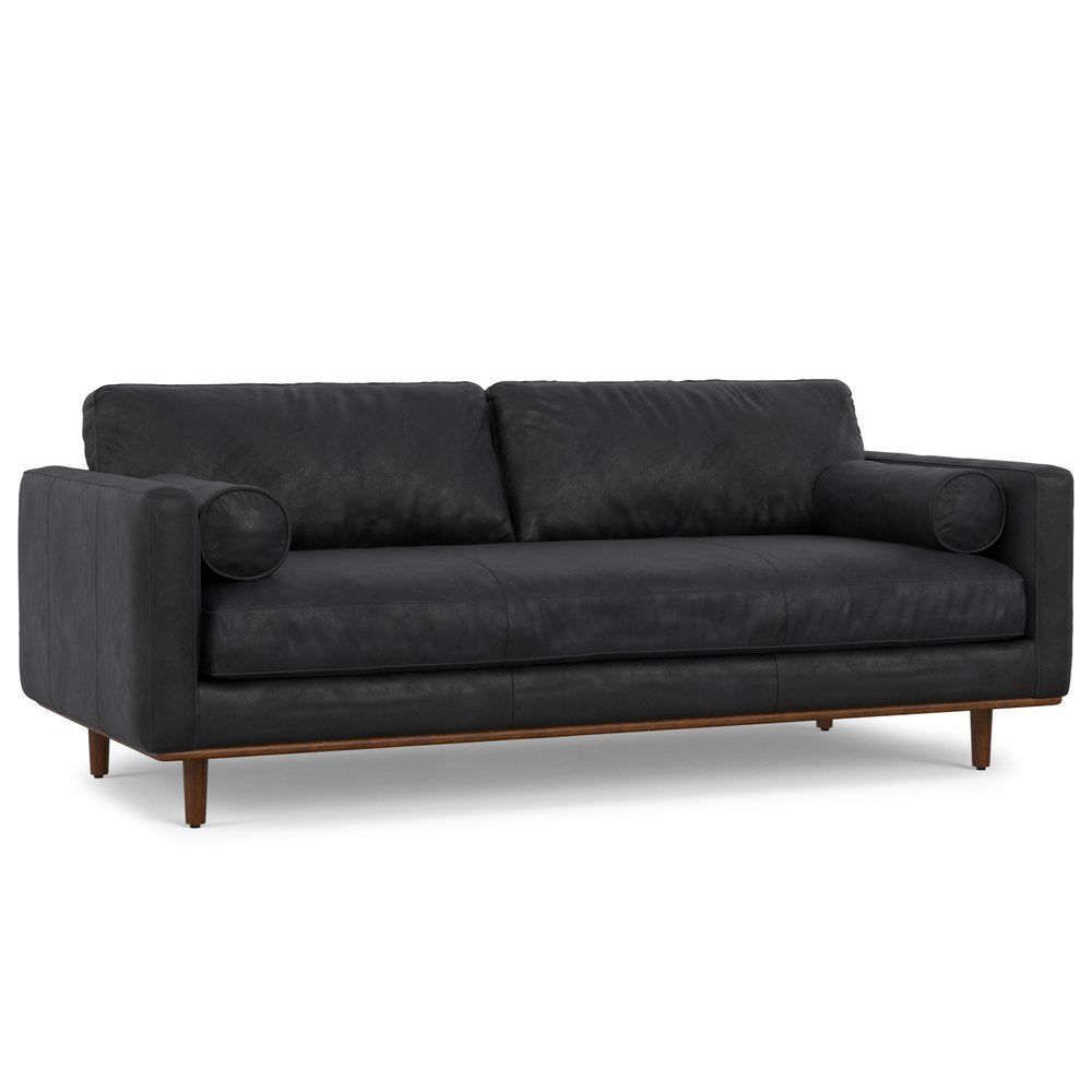 89" Black Leather Sofa With Brown Legs