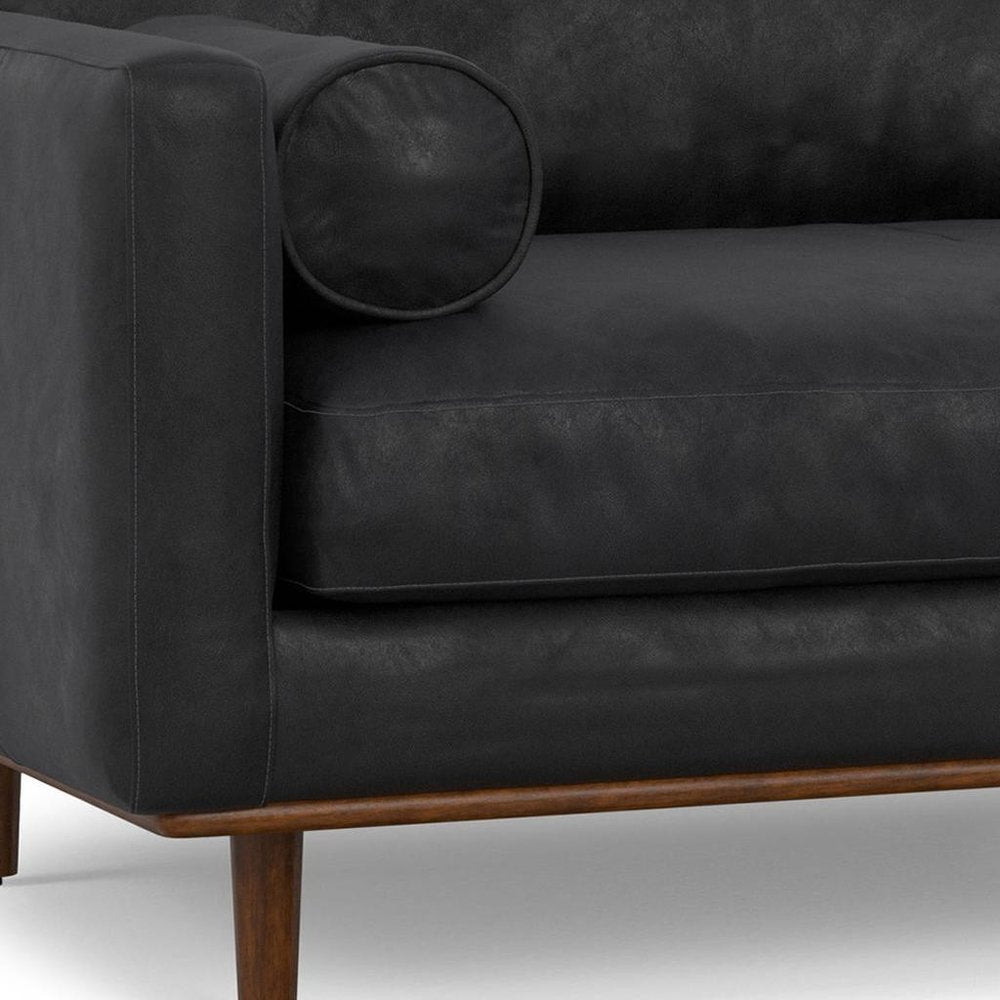 89" Black Leather Sofa With Brown Legs