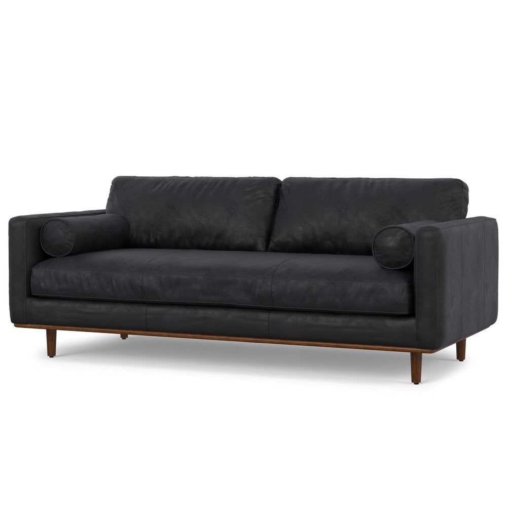 89" Black Leather Sofa With Brown Legs