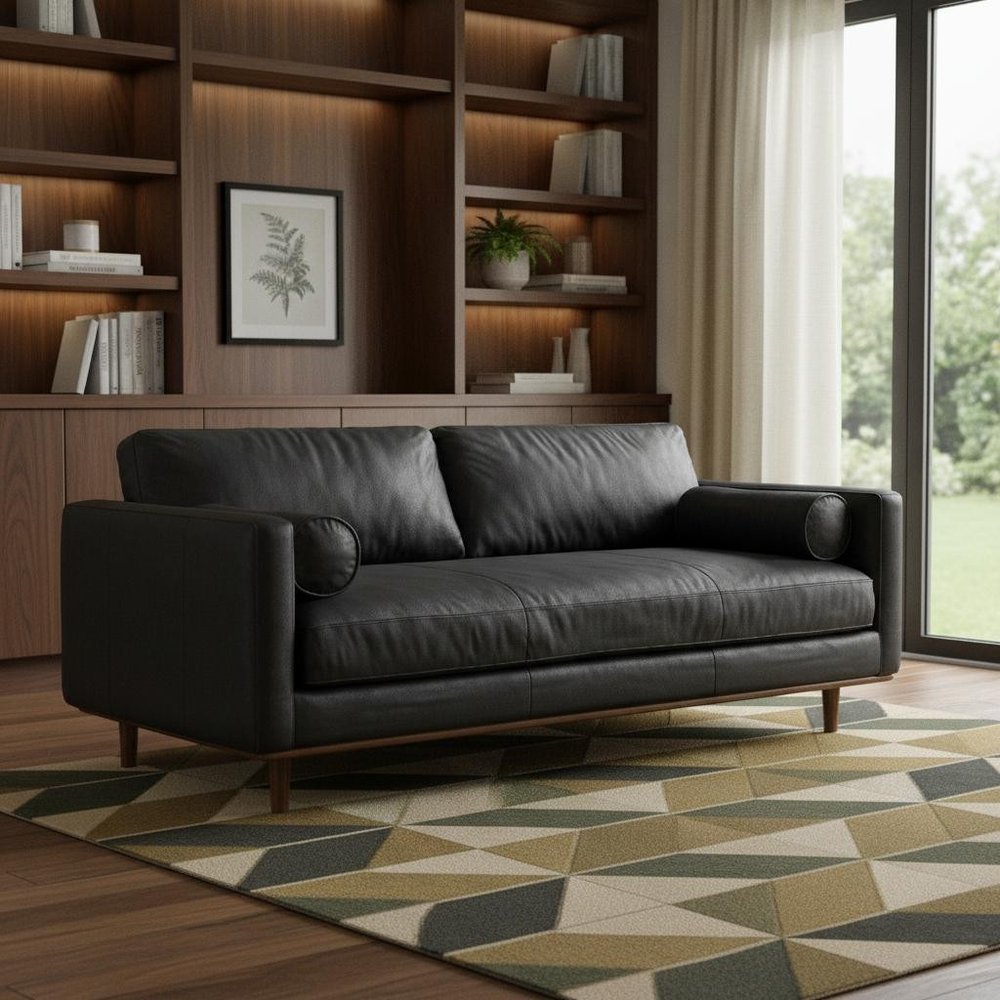 89" Black Leather Sofa With Brown Legs