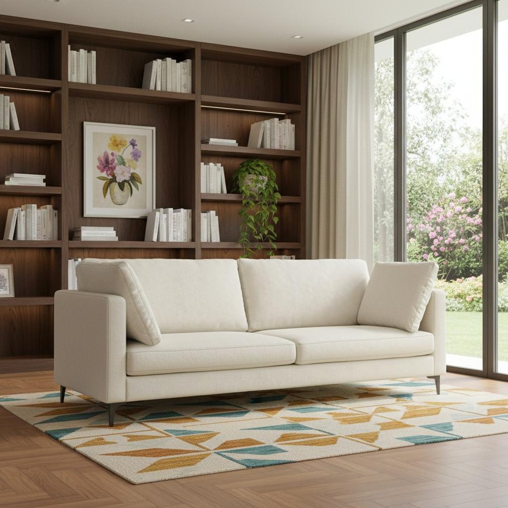 90" Cream Fabric Sofa With Black Legs