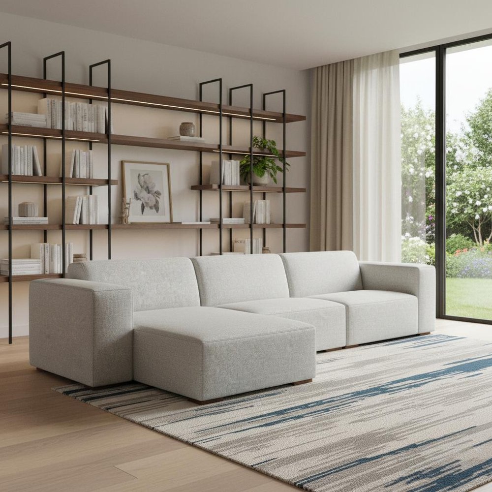 122" Gray Fabric Modular Sofa With Brown Legs