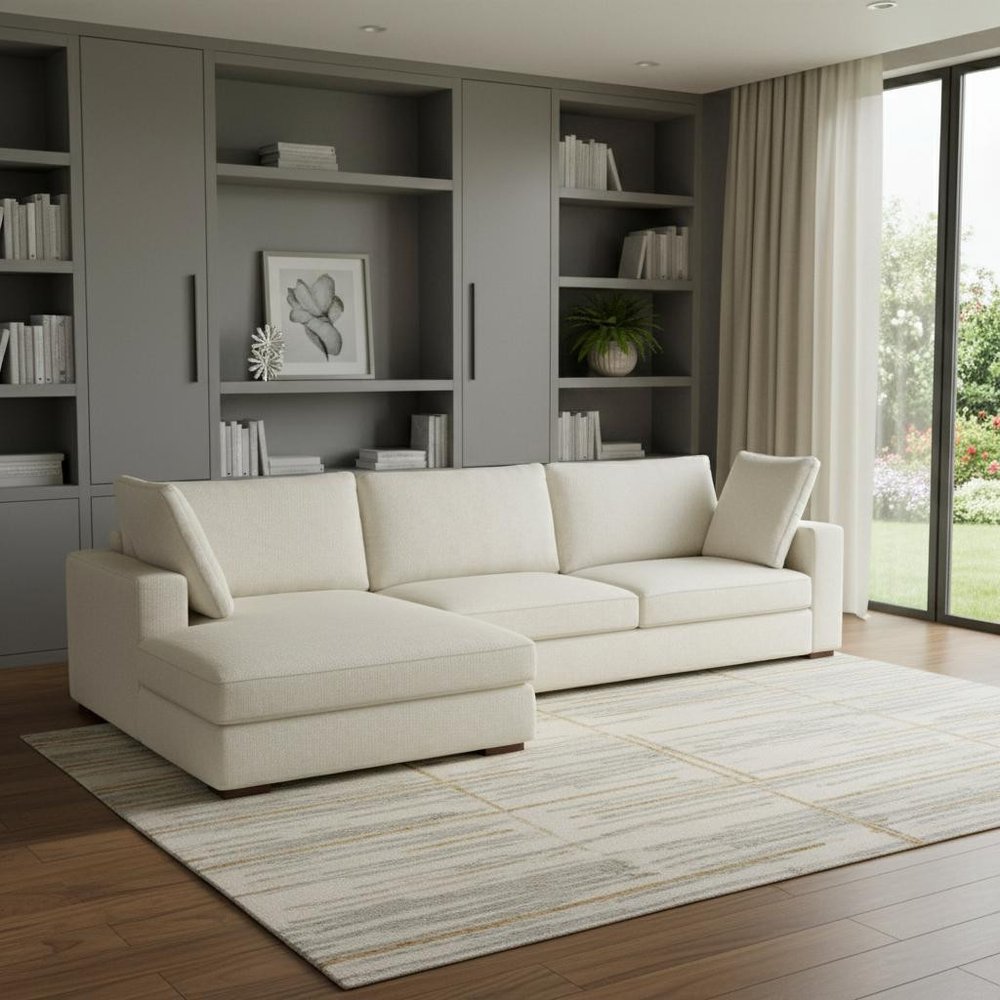 122" Cream Fabric Sofa With Brown Legs
