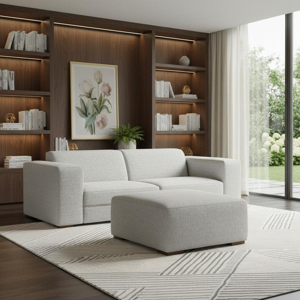 88" Gray Fabric Sofa With Ottoman With Brown Legs