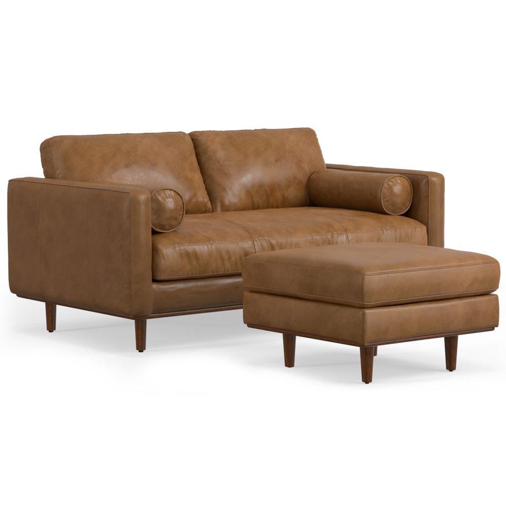 72" Brown Leather Sofa With Ottoman