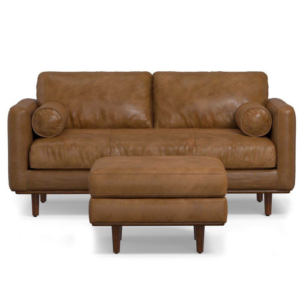 72" Brown Leather Sofa With Ottoman