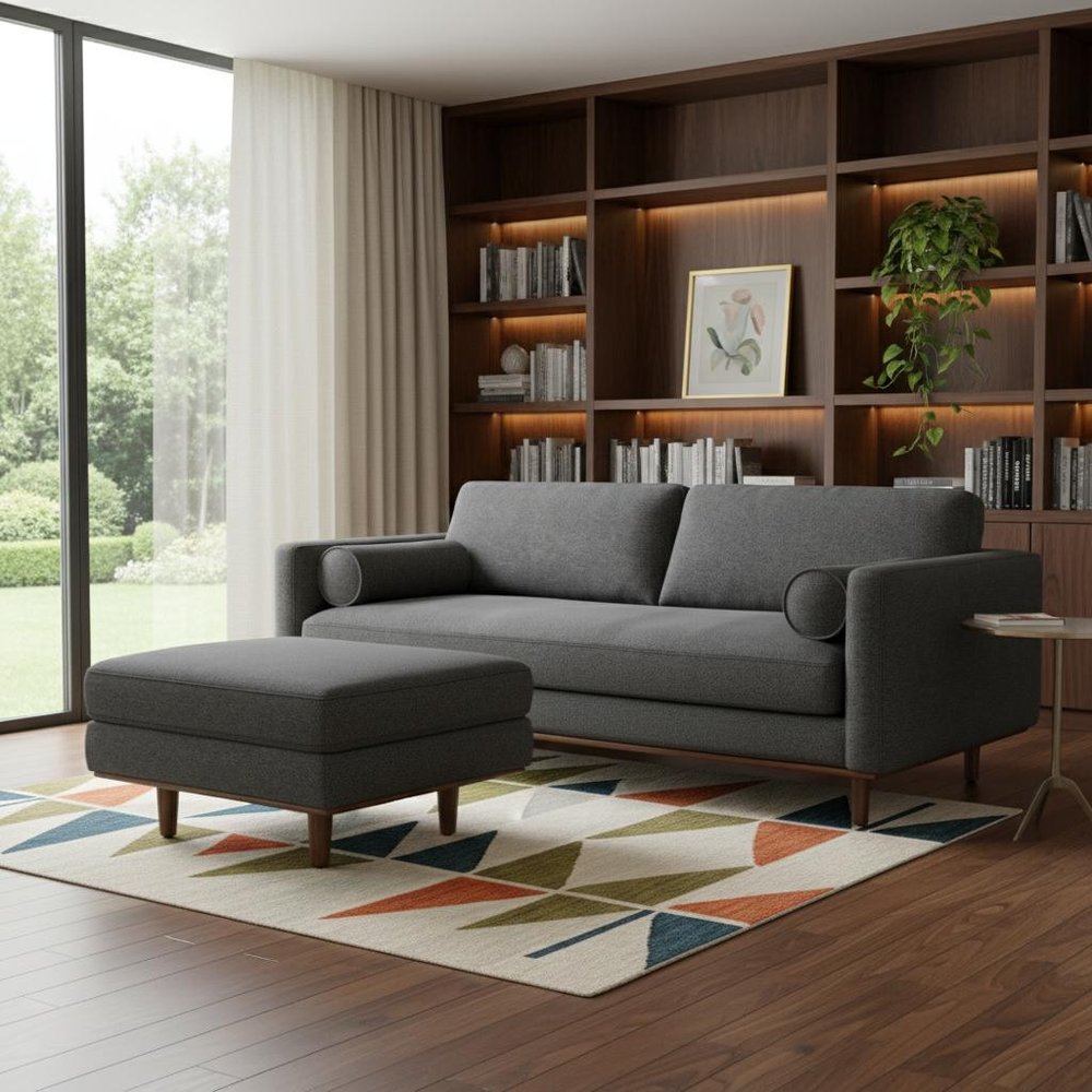 89" Gray Fabric Sofa With Ottoman With Brown Legs