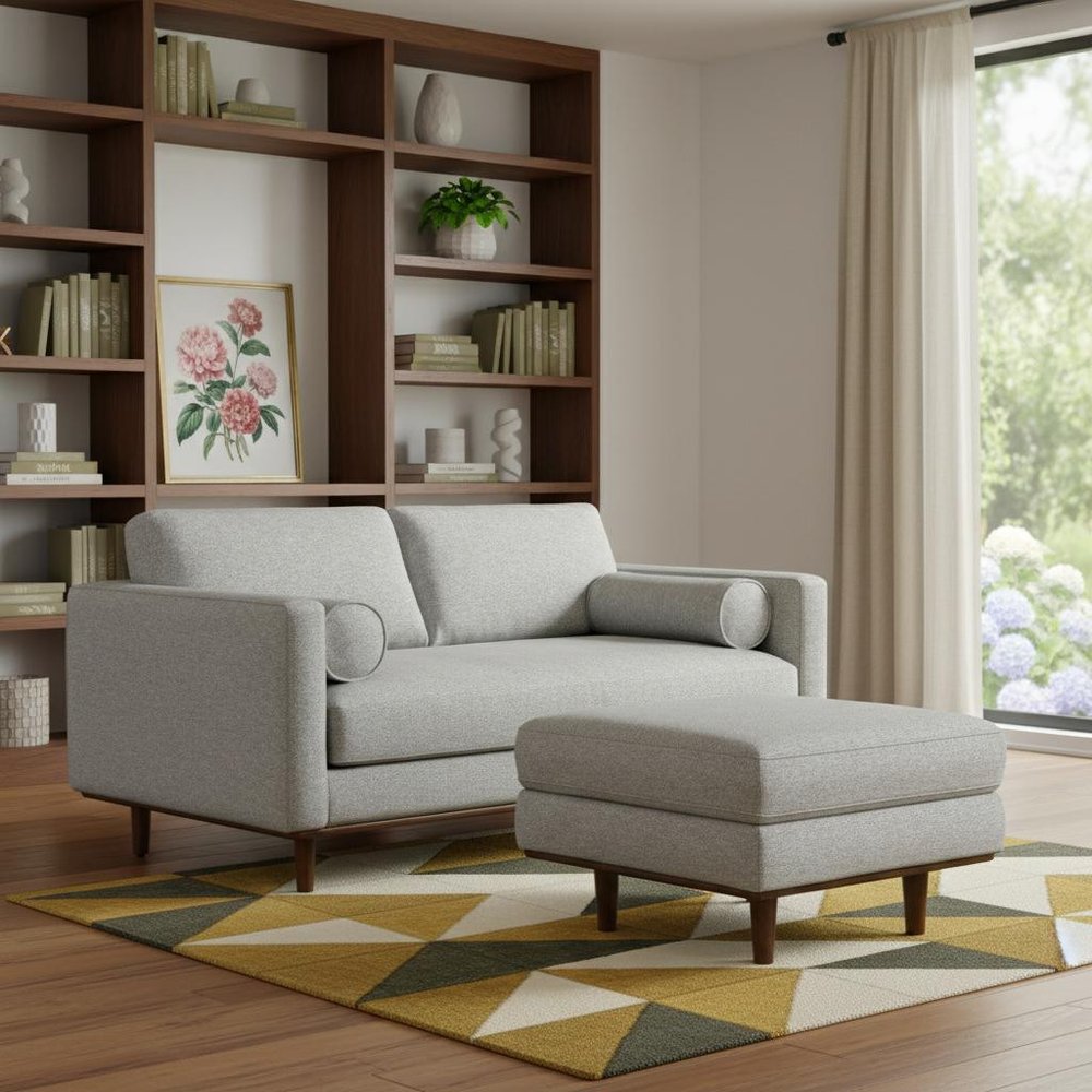 72" Gray Fabric Sofa With Ottoman With Brown Legs