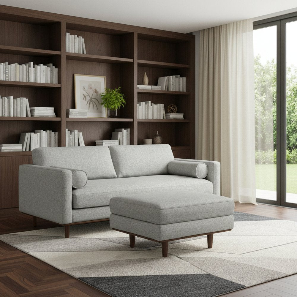 89" Gray Fabric Sofa With Ottoman With Brown Legs