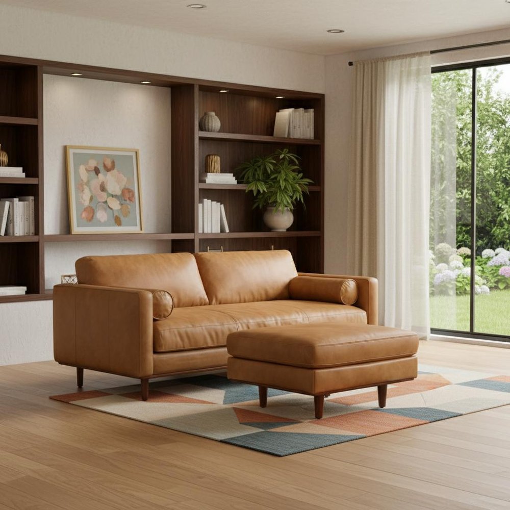 89" Sienna Leather Sofa With Ottoman With Brown Legs