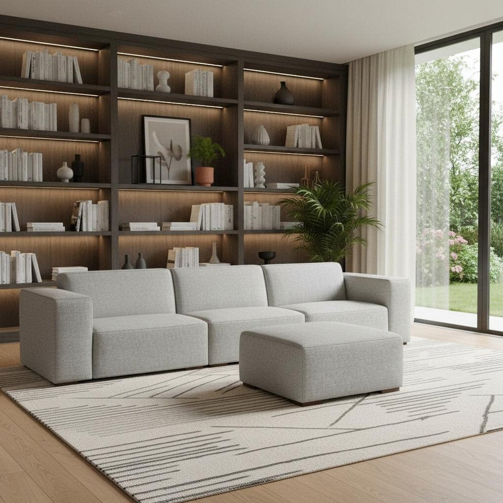 122" Gray Fabric Sofa With Ottoman With Brown Legs