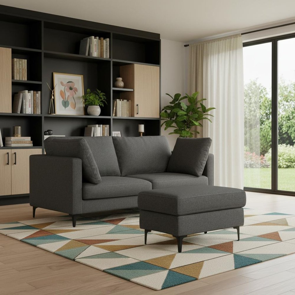 76" Gray Fabric Sofa With Ottoman With Black Legs