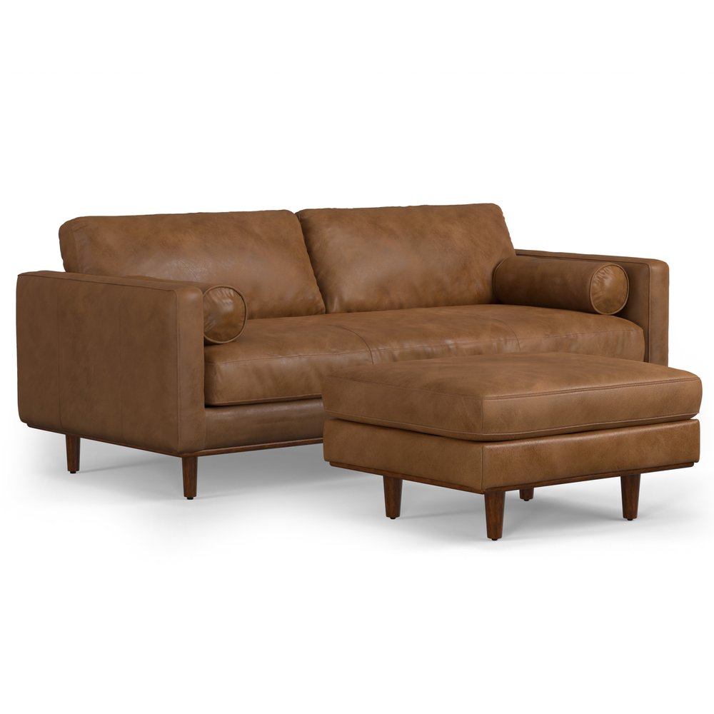 89" Brown Leather Sofa With Ottoman