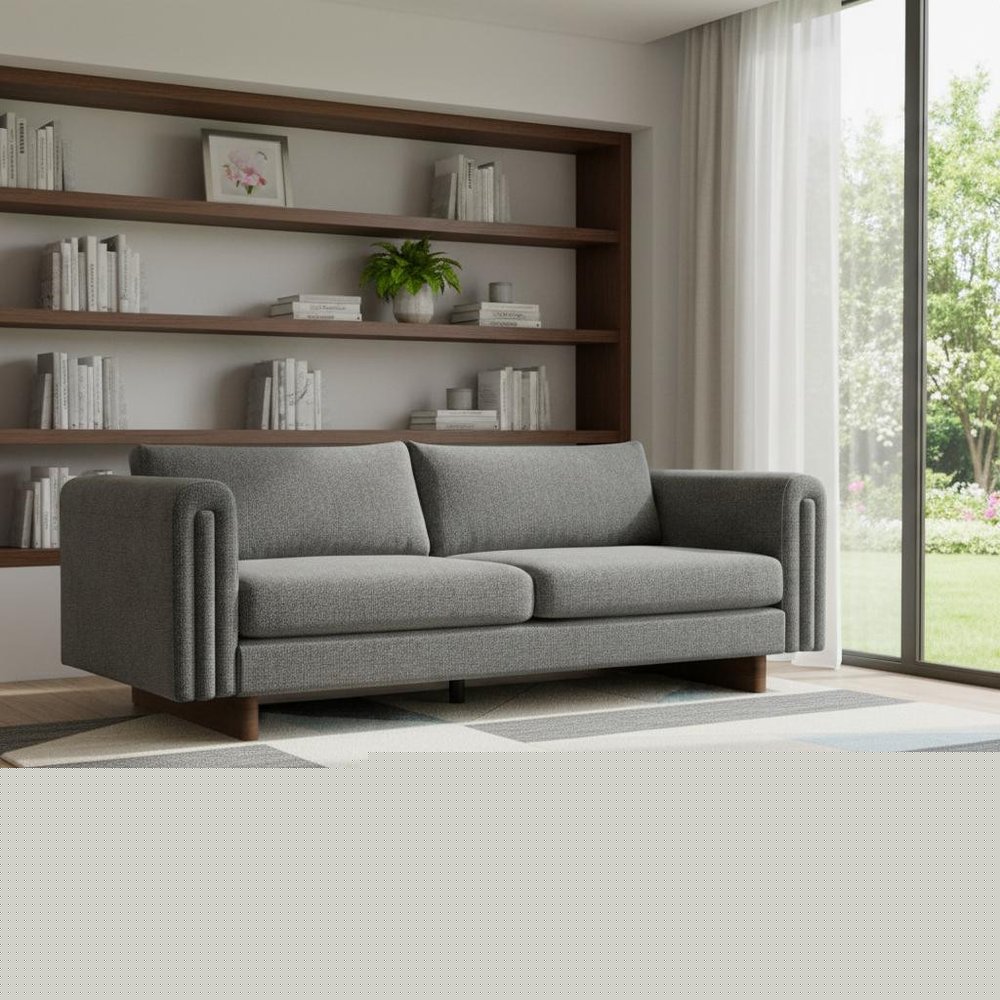 84" Dark Gray Fabric Sofa With Walnut Legs