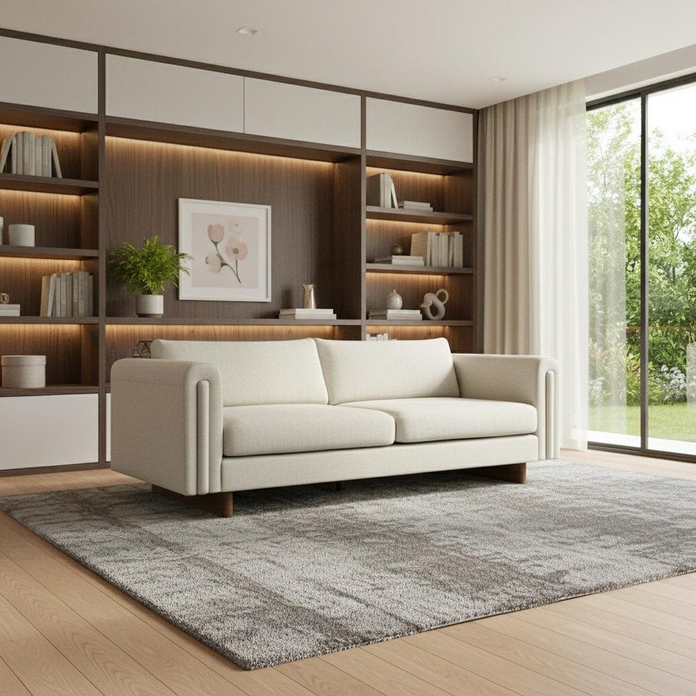 84" Ivory Fabric Sofa With Walnut Legs