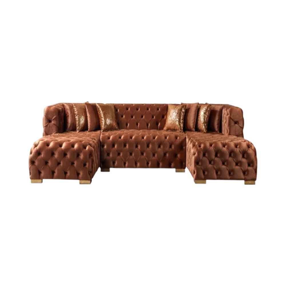 Tufted Orange Velvet Modular U Shaped Sofa and Chaise Sectional With Toss Pillows