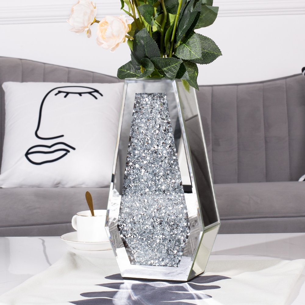 12" Silver Faux Crystal And Mirrored Glass Table Vase