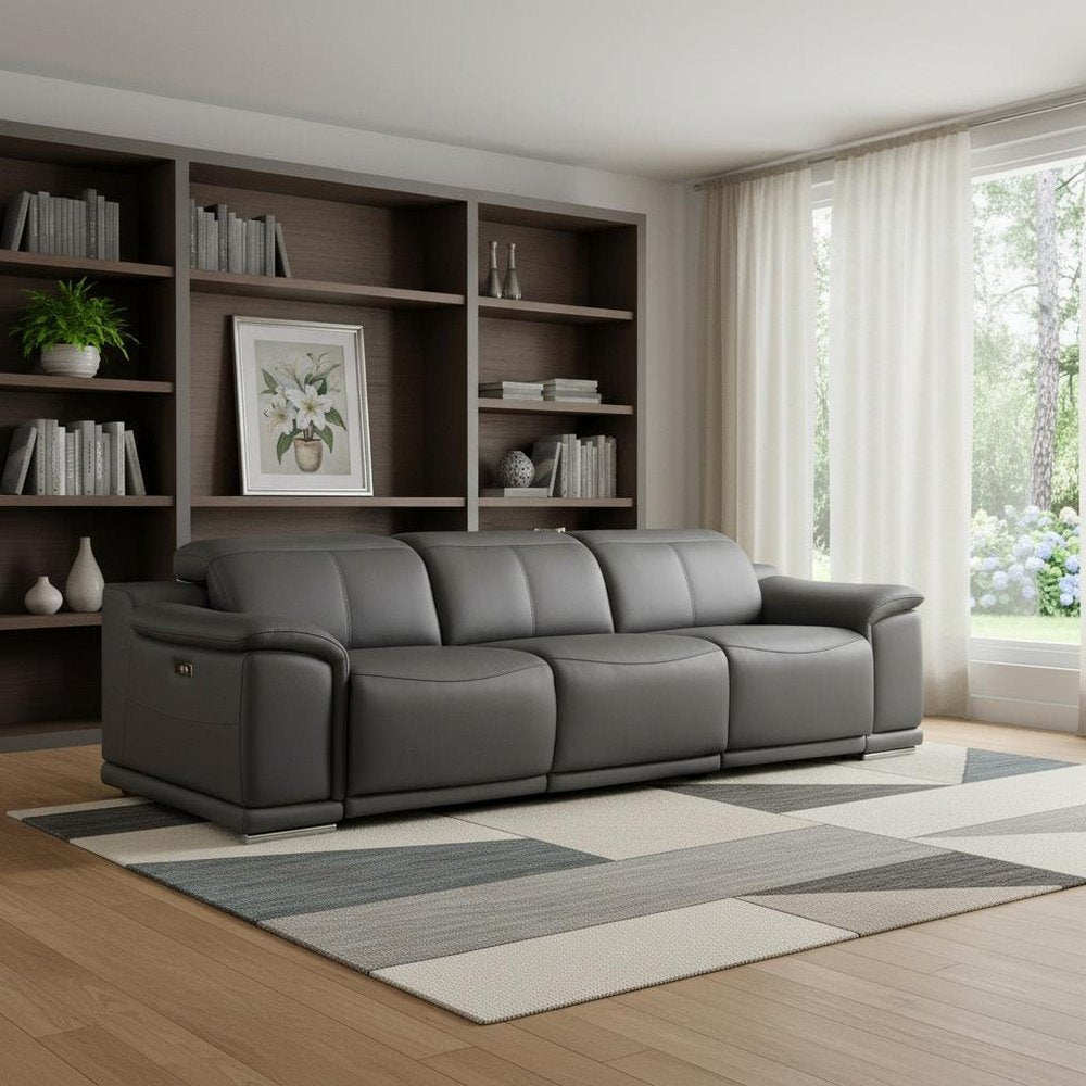 107" Dark Gray Top Grain Leather Reclining USB Sofa