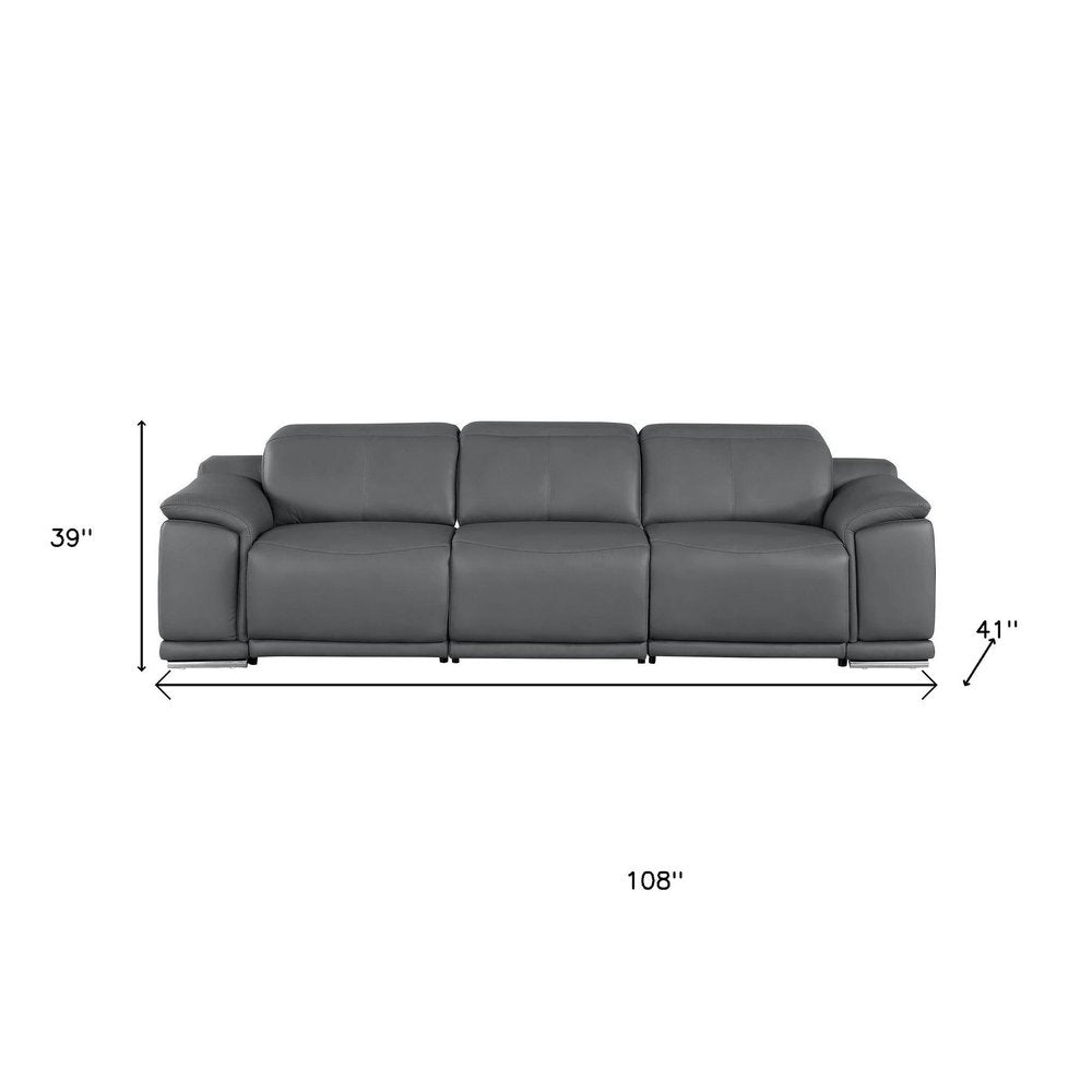 107" Dark Gray Top Grain Leather Reclining USB Sofa