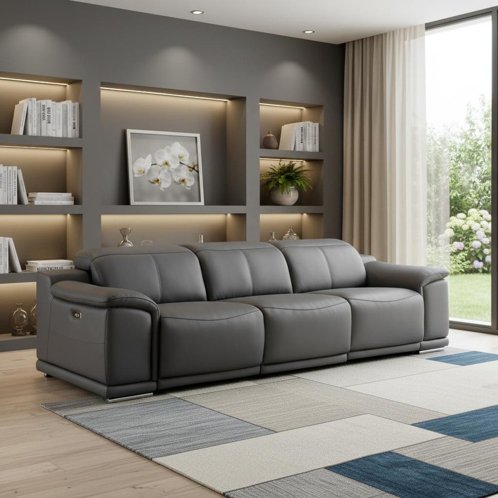 107" Dark Gray Top Grain Leather Reclining USB Sofa