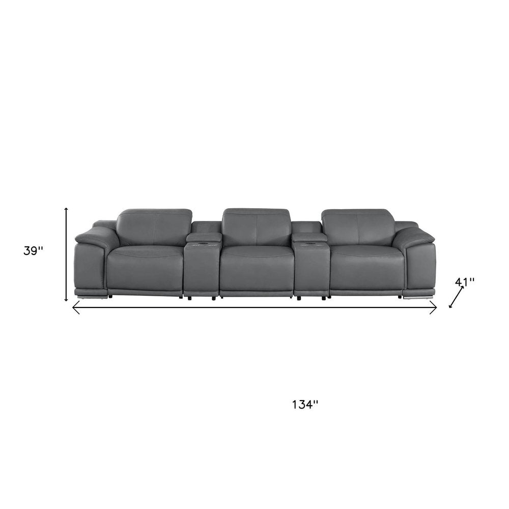 134" Dark Gray Top Grain Leather Reclining USB Sofa And Storage