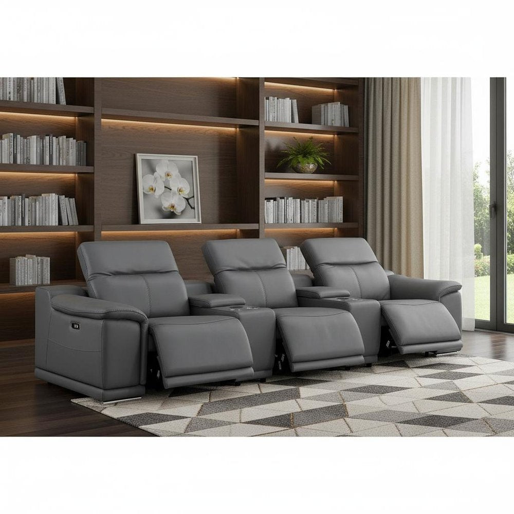 134" Dark Gray Top Grain Leather Reclining USB Sofa And Storage