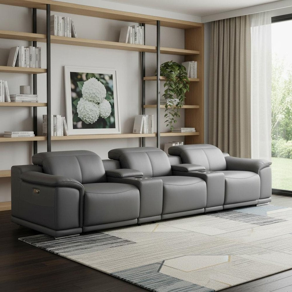 134" Dark Gray Top Grain Leather Reclining USB Sofa And Storage