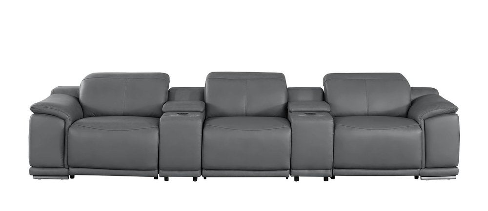 134" Dark Gray Top Grain Leather Reclining USB Sofa And Storage