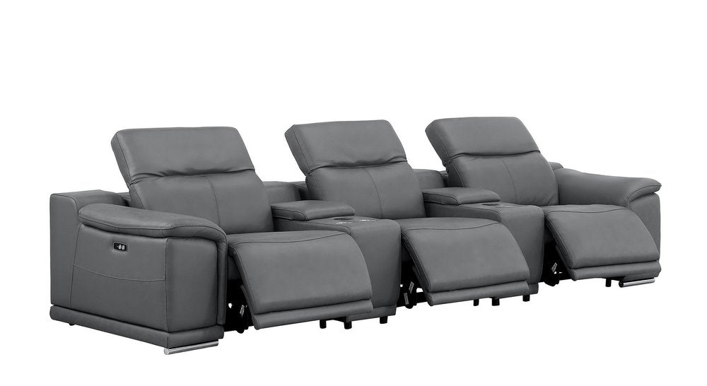 134" Dark Gray Top Grain Leather Reclining USB Sofa And Storage