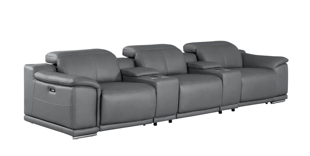 134" Dark Gray Top Grain Leather Reclining USB Sofa And Storage