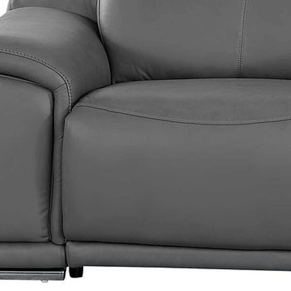 134" Dark Gray Top Grain Leather Reclining USB Sofa And Storage