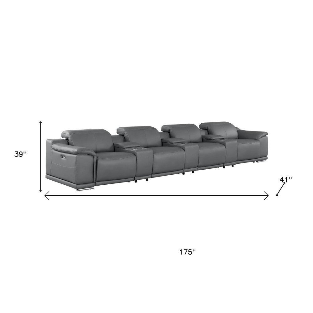 175" Dark Gray Top Grain Leather Reclining USB Sofa And Storage