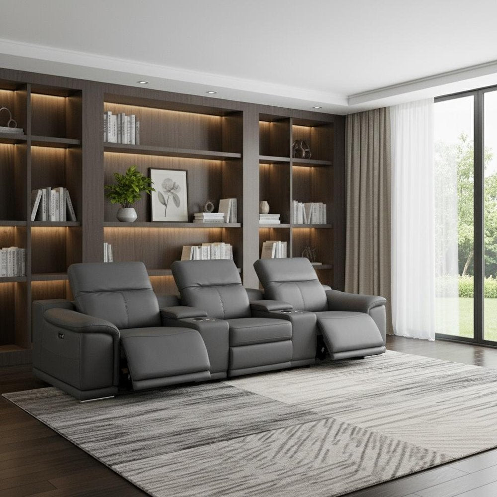 175" Dark Gray Top Grain Leather Reclining USB Sofa And Storage