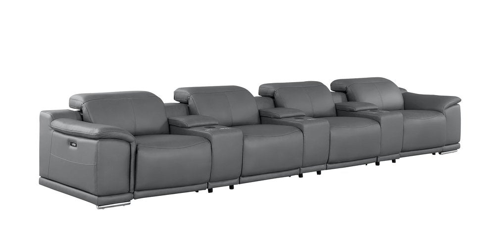 175" Dark Gray Top Grain Leather Reclining USB Sofa And Storage